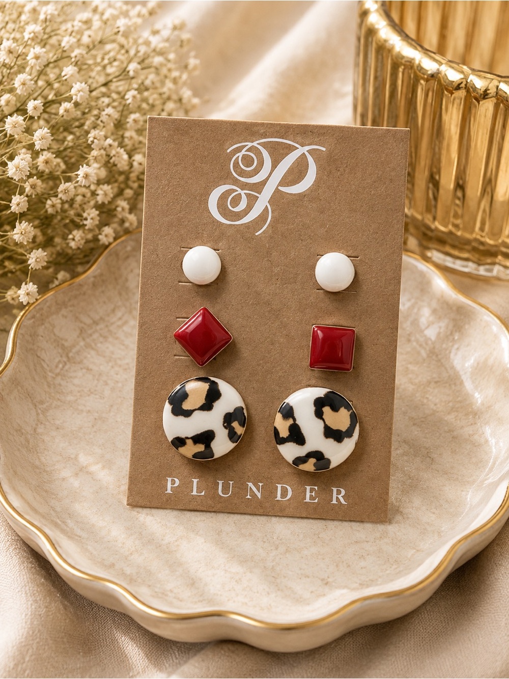 Plunder Red, White & Leopard Stud Earring Trio